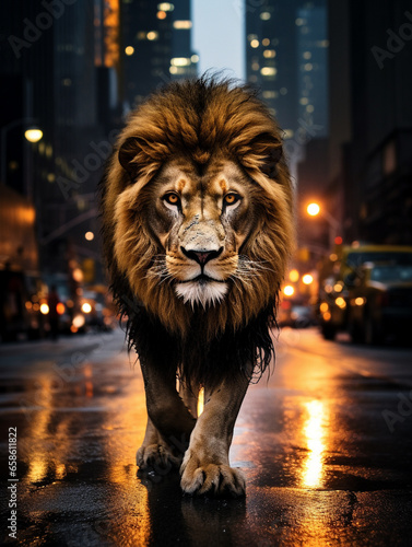 A Photo of a Lion on the Street of a Major City at Night