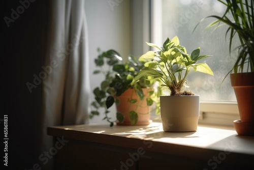 Houseplant beside table near window. Generative AI