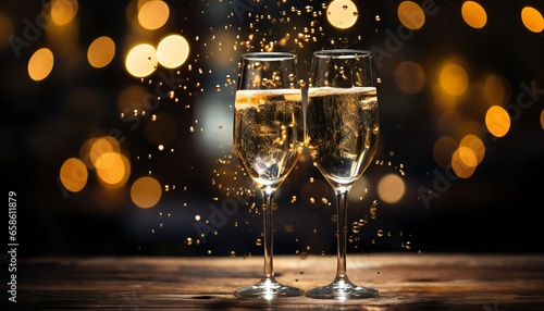 two glasses of champagne with a holiday theme