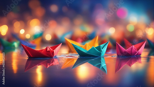 Colorful origami paper boats sailing in water.