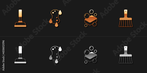 Set Rubber plunger, Sponge, Bar of soap and Handle broom icon. Vector