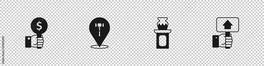 Set Hand holding auction paddle, Auction hammer, ancient vase and icon. Vector Set Hand holding auction paddle, Auction hammer, ancient vase and icon. Vector