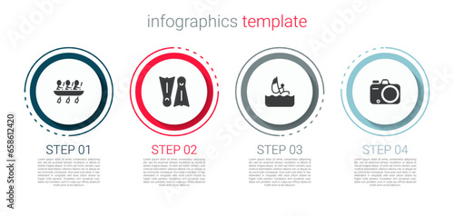 Set Canoe rowing team sports, Flippers for swimming, Windsurfing and Photo camera. Business infographic template. Vector