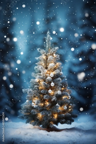 Christmas tree in winter forest. Christmas and New Year holidays background.