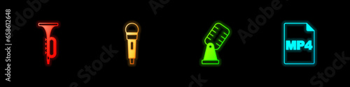 Set Trumpet, Microphone, and MP4 file document icon. Vector