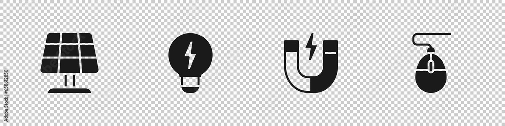 Set Solar energy panel, Creative lamp light idea, Magnet and Computer mouse icon. Vector Set Solar energy panel, Creative lamp light idea, Magnet and Computer mouse icon. Vector