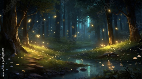 a charming scene of fireflies lighting up the forest at twilight