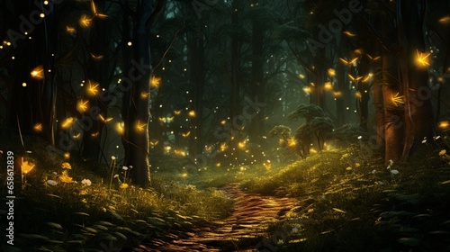 a charming scene of fireflies lighting up the forest at twilight