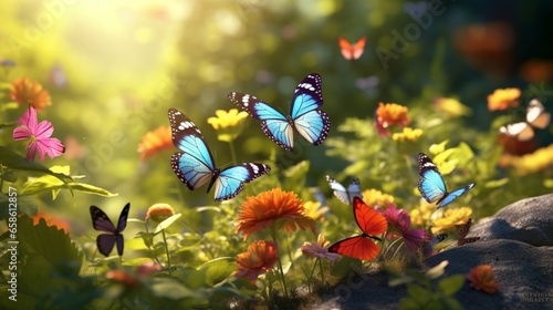 A colorful array of butterflies fluttering amidst wildflowers in a serene forest clearing