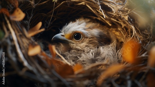 A close-up of a mother bird meticulously arranging soft feathers inside her nest © Aqib