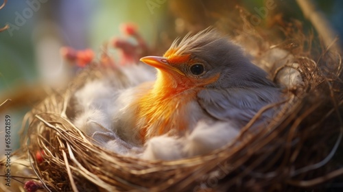 A close-up of a mother bird meticulously arranging soft feathers inside her nest
