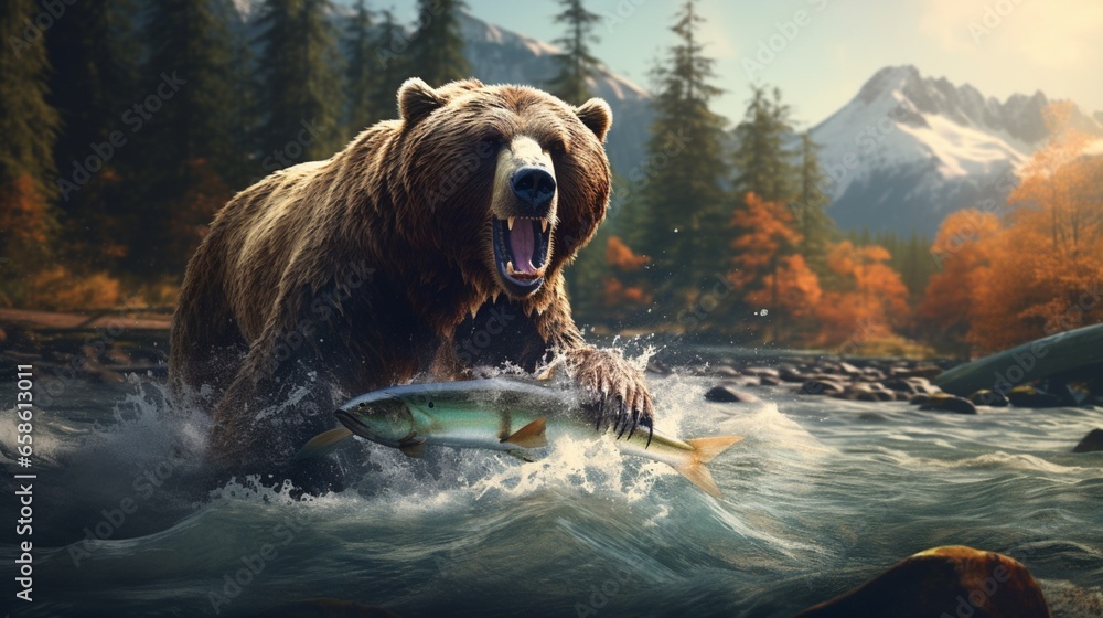 a digital artwork of a majestic grizzly bear fishing for salmon in a rushing forest river - obrazy, fototapety, plakaty 