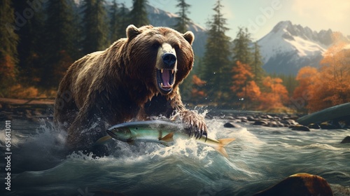 a digital artwork of a majestic grizzly bear fishing for salmon in a rushing forest river photo