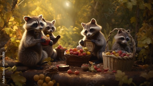 A family of playful raccoons enjoying a secret picnic in the woods