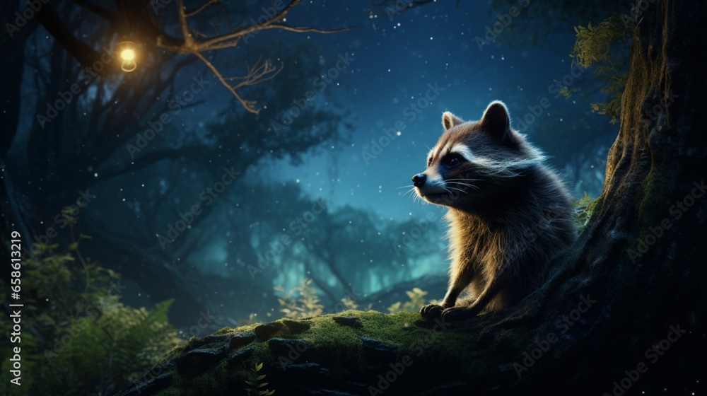 a forest scene featuring a curious raccoon exploring a moonlit clearing