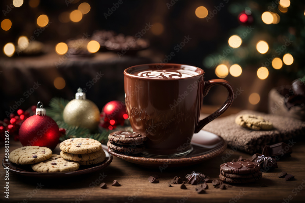 a cup of hot chocolate and christmas cookies, christmas tree and christmas decoration background a cup of hot chocolate and christmas cookies, christmas tree and christmas decoration background