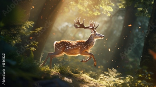 A graceful deer gracefully leaping through the forest under the dappled sunlight