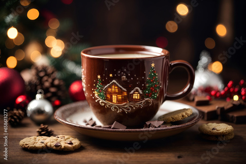 a cup of hot chocolate/coffee and christmas cookies, christmas tree and christmas decoration background