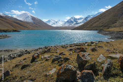 Views of Lake Kol Ukok in the Naryn region near Kochkor in Kyrgyzstan.
