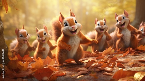 a group of playful squirrels frolicking among autumn leaves