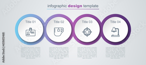 Set line Identification badge, Cup of tea with tea bag, Head hunting concept and Table lamp. Business infographic template. Vector