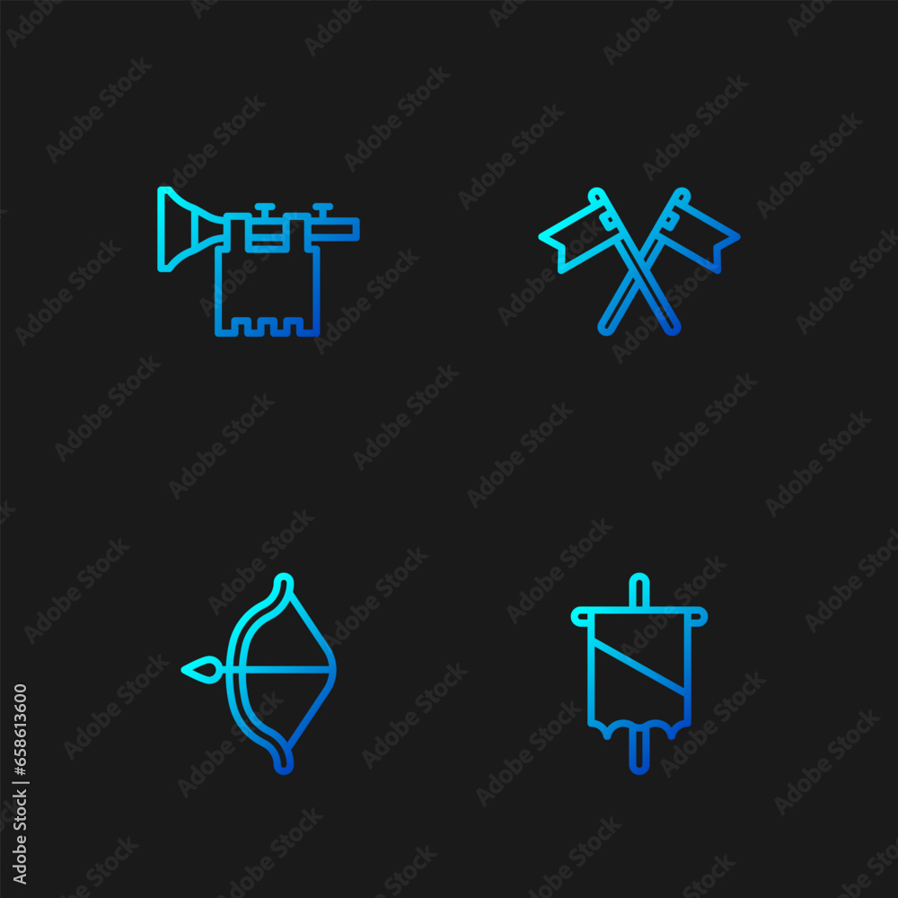 Set line Medieval flag, bow and arrow, Trumpet with and Crossed medieval. Gradient color icons. Vector Set line Medieval flag, bow and arrow, Trumpet with and Crossed medieval. Gradient color icons. Vector