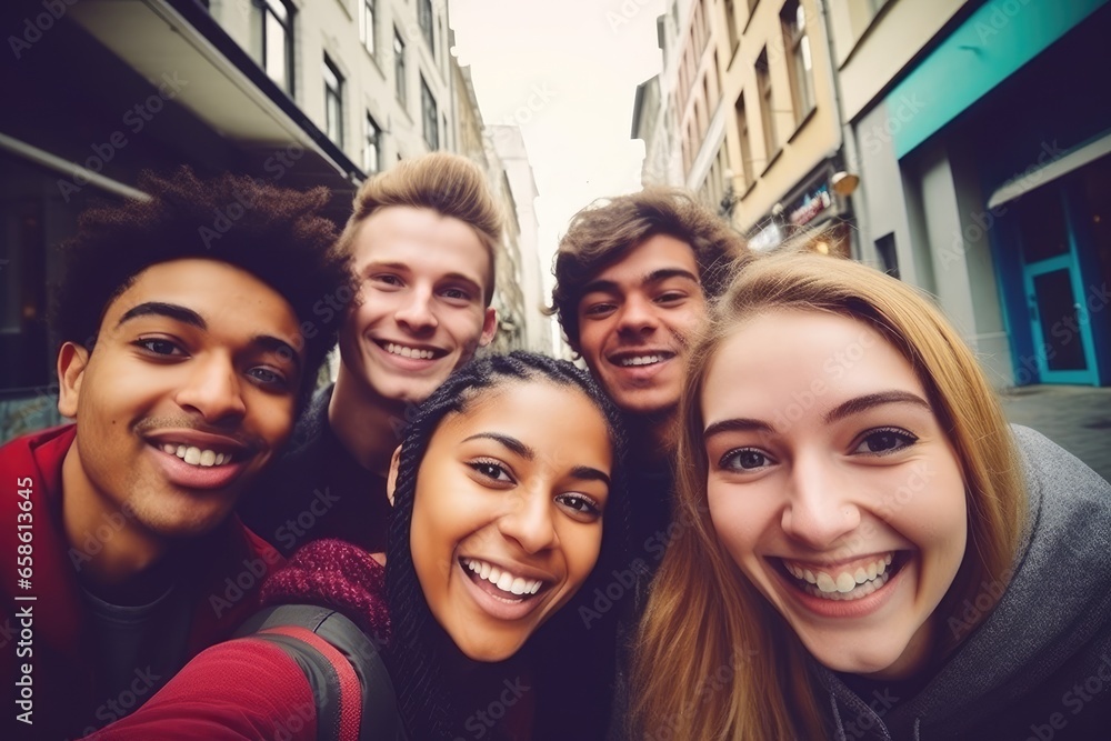 Group of Multi-ethnics college students friends at the downtown street. Photography of friendship in urban street in town background. Group of Multi-ethnics college students friends at the downtown street. Photography of friendship in urban street in town background.