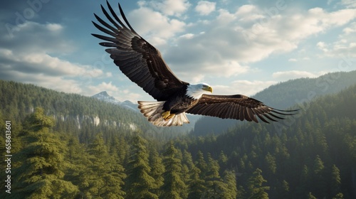 A magnificent bald eagle soaring high above the forest canopy