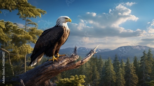 a majestic bald eagle perched atop a towering pine tree in a pristine wilderness © Aqib