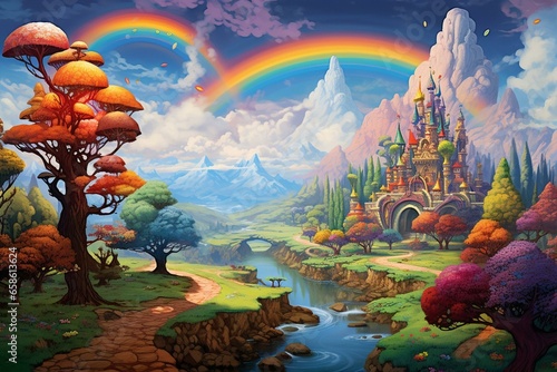 Enchanting imaginary world bursting with vibrant colors and boundless joy. Generative AI
