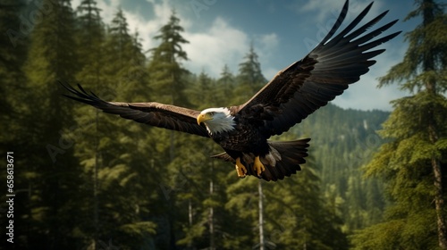 a majestic bald eagle soaring above a lush forest canopy © Aqib