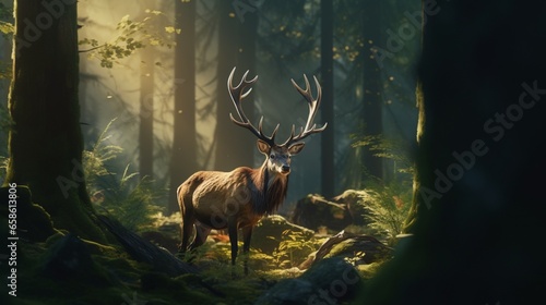 a majestic elk with impressive antlers grazing in a serene forest glen