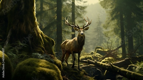 a majestic elk with impressive antlers grazing in a serene forest glen