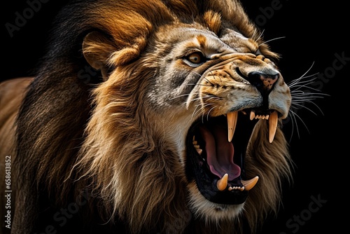 close up lion roaring on black background
