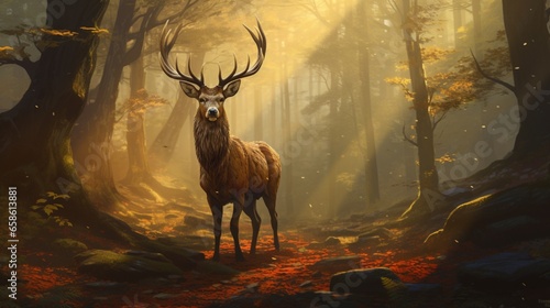 a majestic stag with impressive antlers standing proudly in a serene forest © Aqib