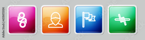 Set line Handcuffs, Vandal, Location marker and Barbed wire. Colorful square button. Vector