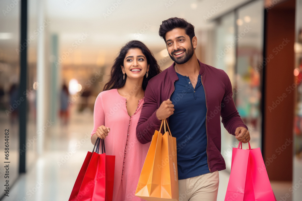 Young Indian couple holding shopping bags and expressing happiness Young Indian couple holding shopping bags and expressing happiness