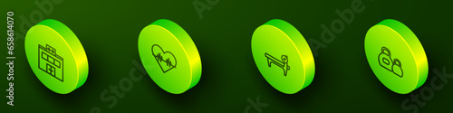Set Isometric line Gym building, Heart rate, Bench with barbel and Kettlebell icon. Vector