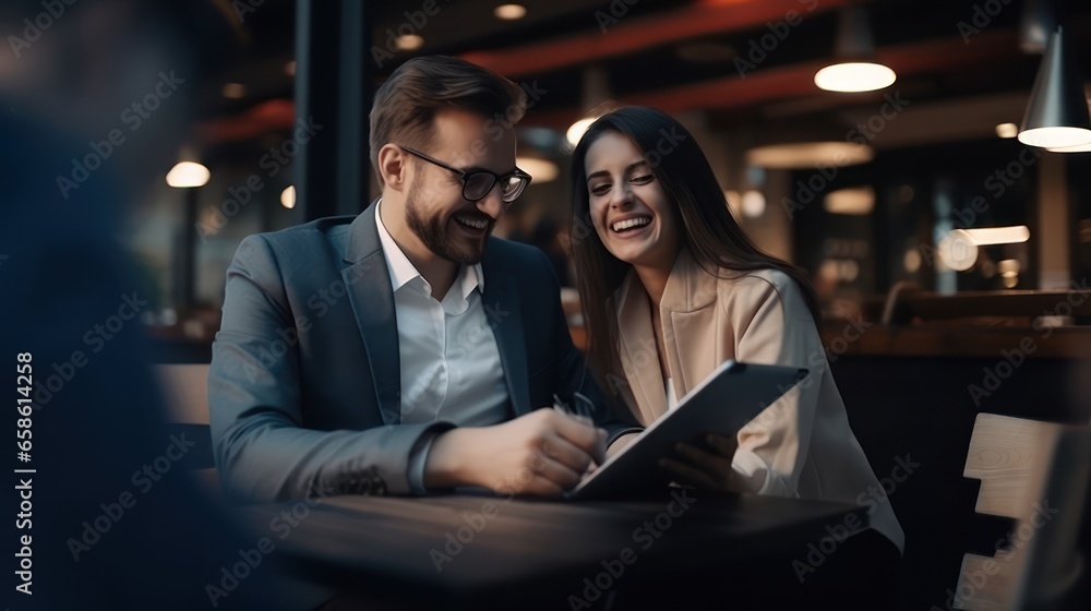 businessman and businesswoman using tablet 