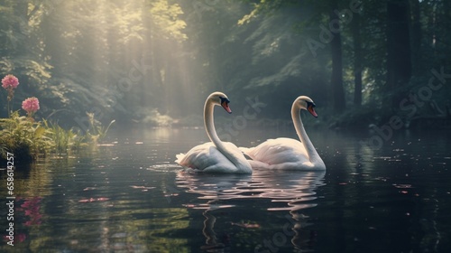 A pair of graceful swans gliding on a serene forest pond