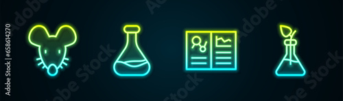 Set line Experimental mouse, Test tube and flask, Clinical record and Plant breeding. Glowing neon icon. Vector