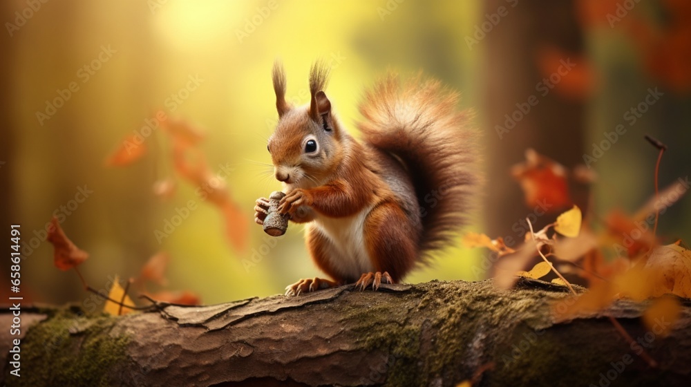 a red squirrel perched on a tree branch, munching on an acorn in a fall forest a red squirrel perched on a tree branch, munching on an acorn in a fall forest