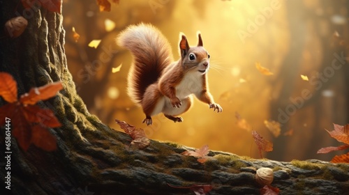 a playful squirrel leaping from branch to branch in a vibrant autumn forest © Aqib