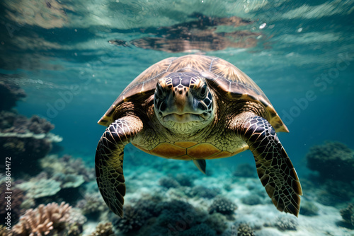 a turtle swims in the water near a coral reef, beautiful coastal seas © Johan Wahyudi