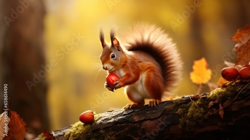 a red squirrel perched on a tree branch, munching on an acorn in a fall forest © Aqib