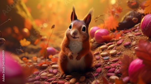 a red squirrel collecting acorns amidst a colorful fall forest