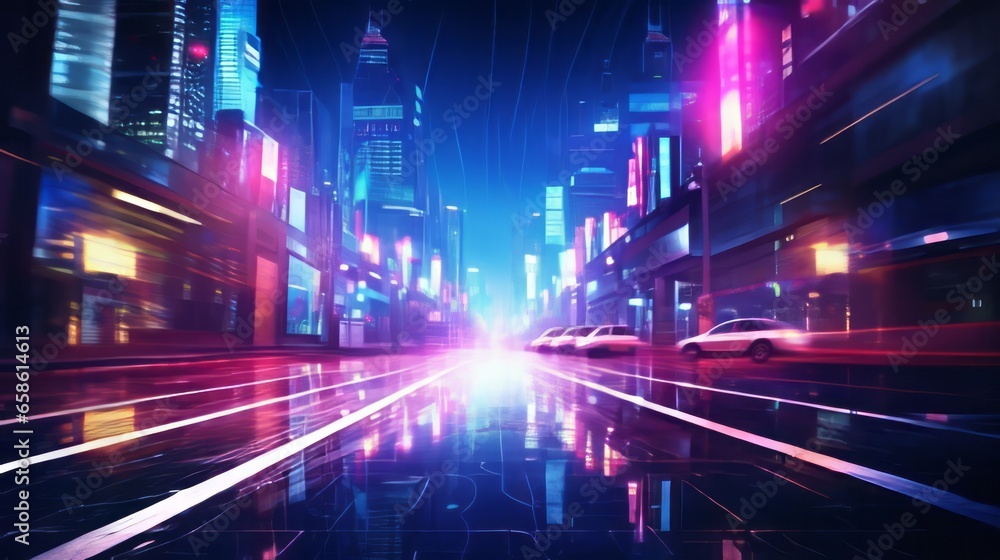 Defocused night city street with a neon lights. AI generated