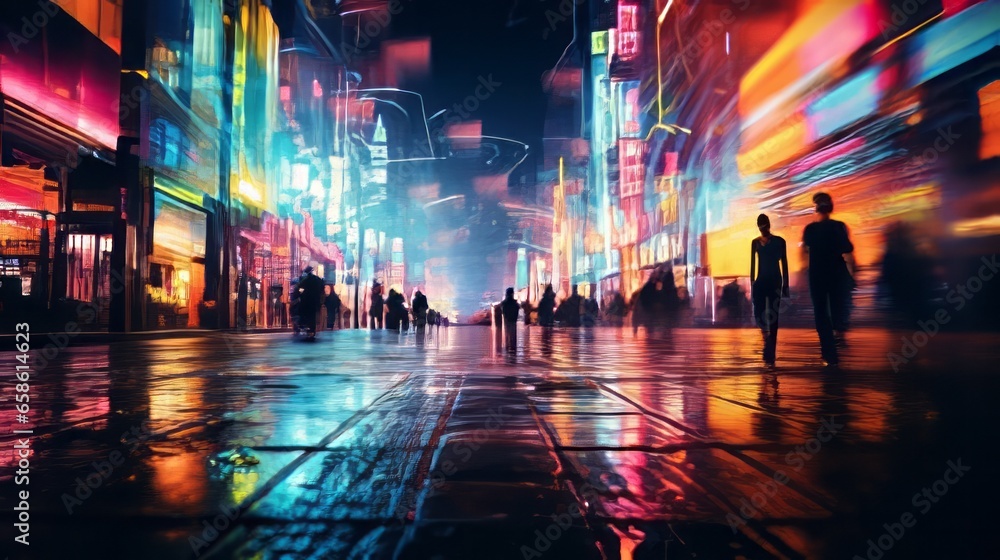 Defocused night city street with a neon lights. AI generated