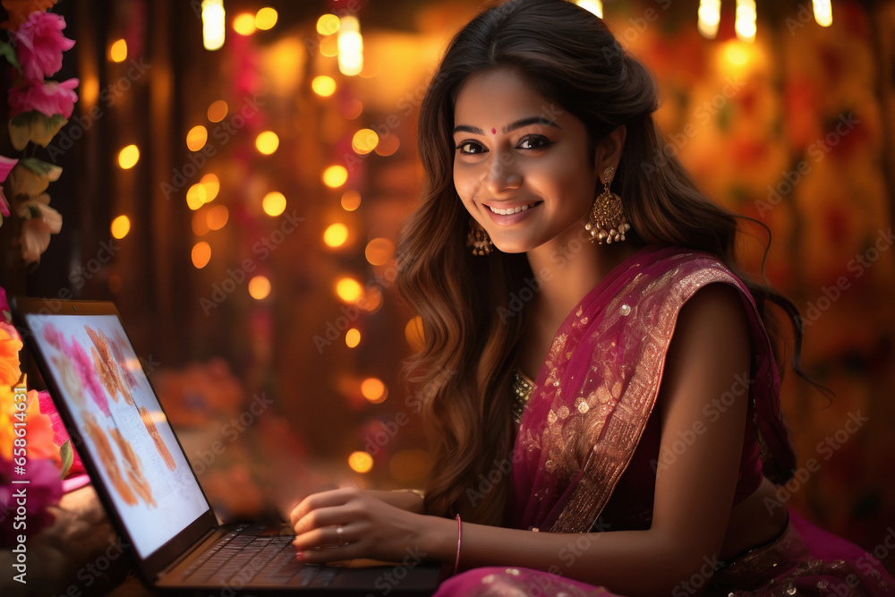 Young indian woman using laptop on diwali festival nights Young indian woman using laptop on diwali festival nights