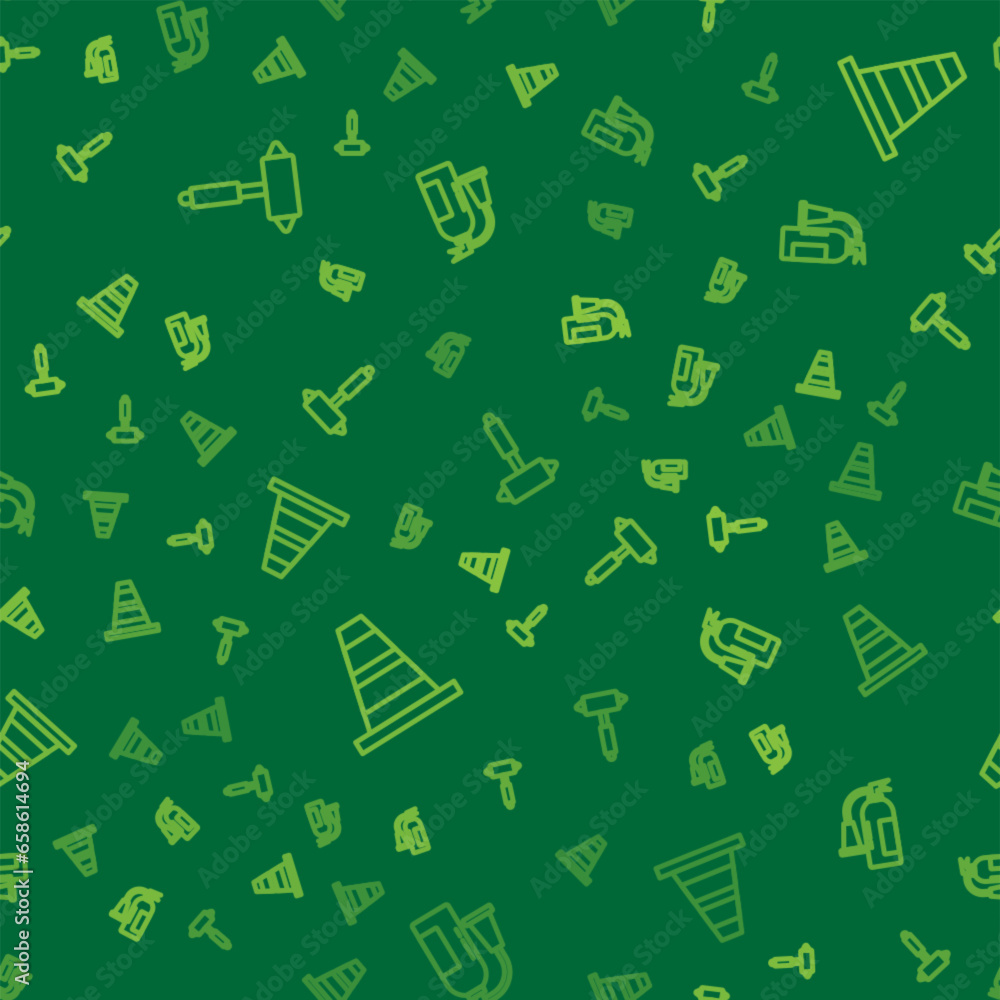 Set line Firefighter axe, Traffic cone and extinguisher on seamless pattern. Vector Set line Firefighter axe, Traffic cone and extinguisher on seamless pattern. Vector